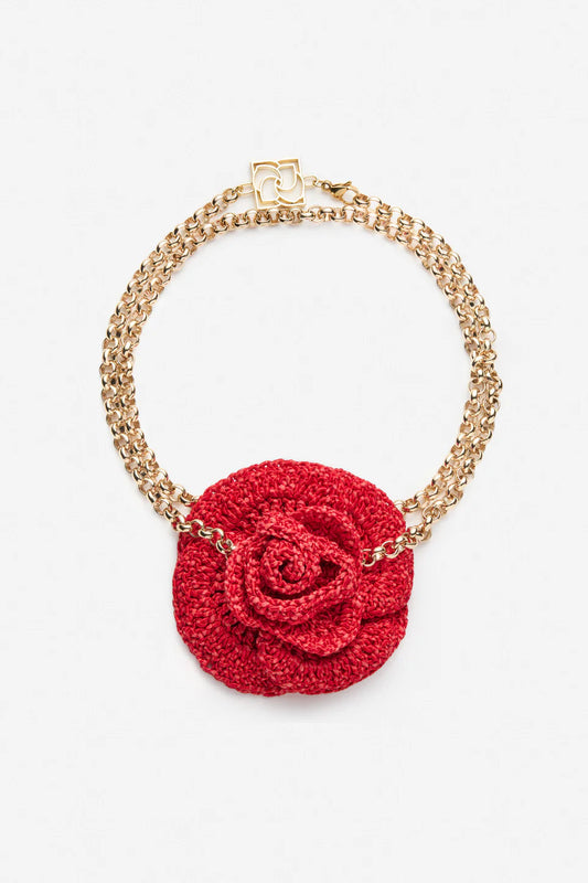 Red crochet rose necklace in gold