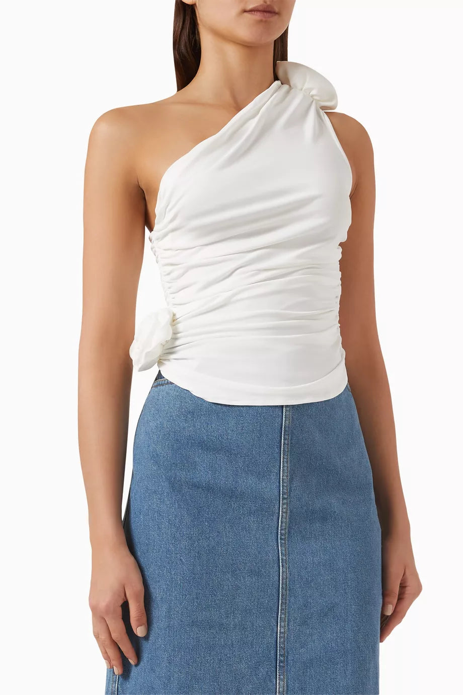 One Shoulder Flower Top Cream