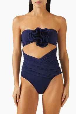 Flower Appliqué Strapless Cut-Out Swimsuit Navy