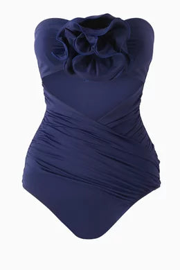 Flower Appliqué Strapless Cut-Out Swimsuit Navy