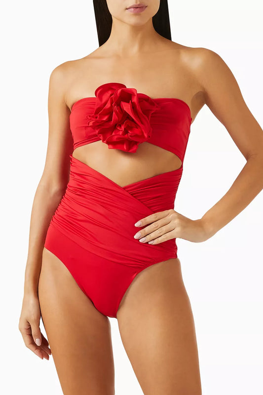 Flower Appliqué Strapless Cut-Out Swimsuit Red