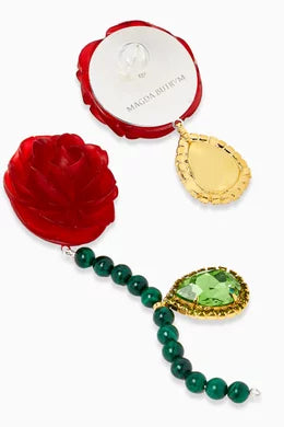Red Resin Rose and Green Gemstone Earrings
