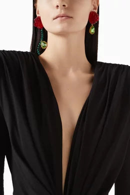 Red Resin Rose and Green Gemstone Earrings