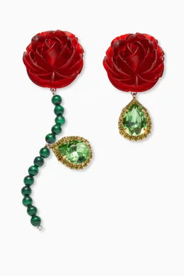 Red Resin Rose and Green Gemstone Earrings