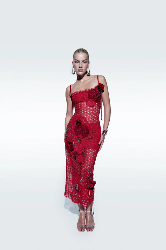 Broderie Flower Dress Red