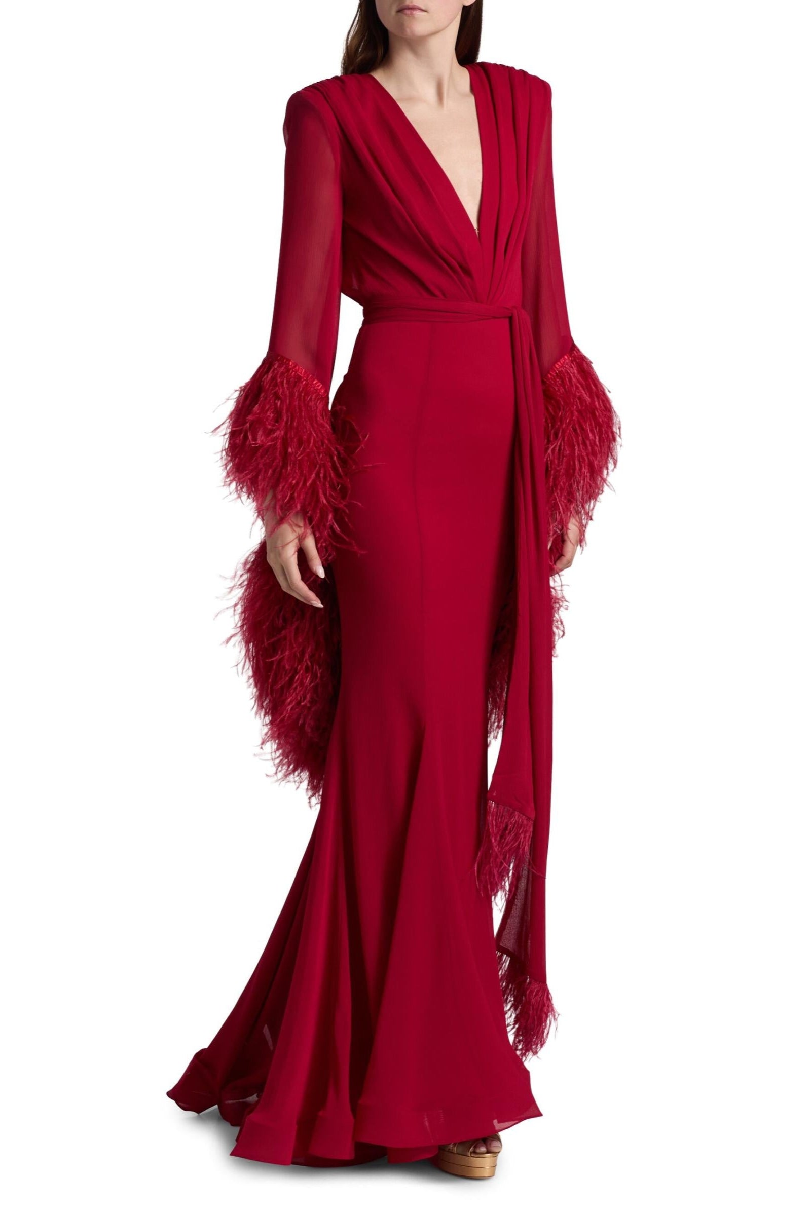 Red evening gown with feathered sleeves on a white background