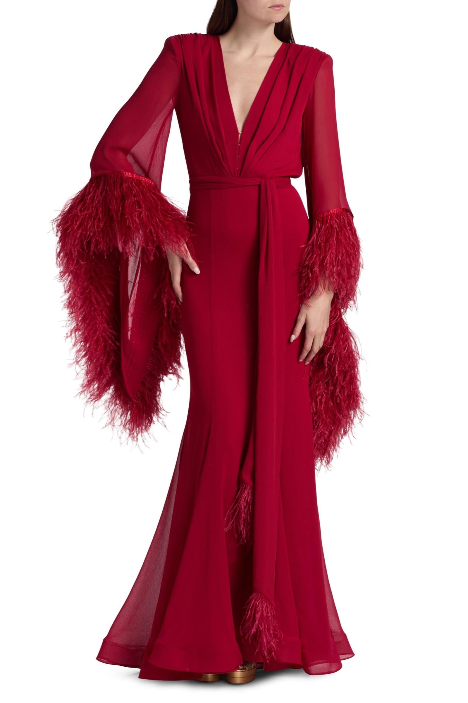 Red evening gown with feathered sleeves on a white background