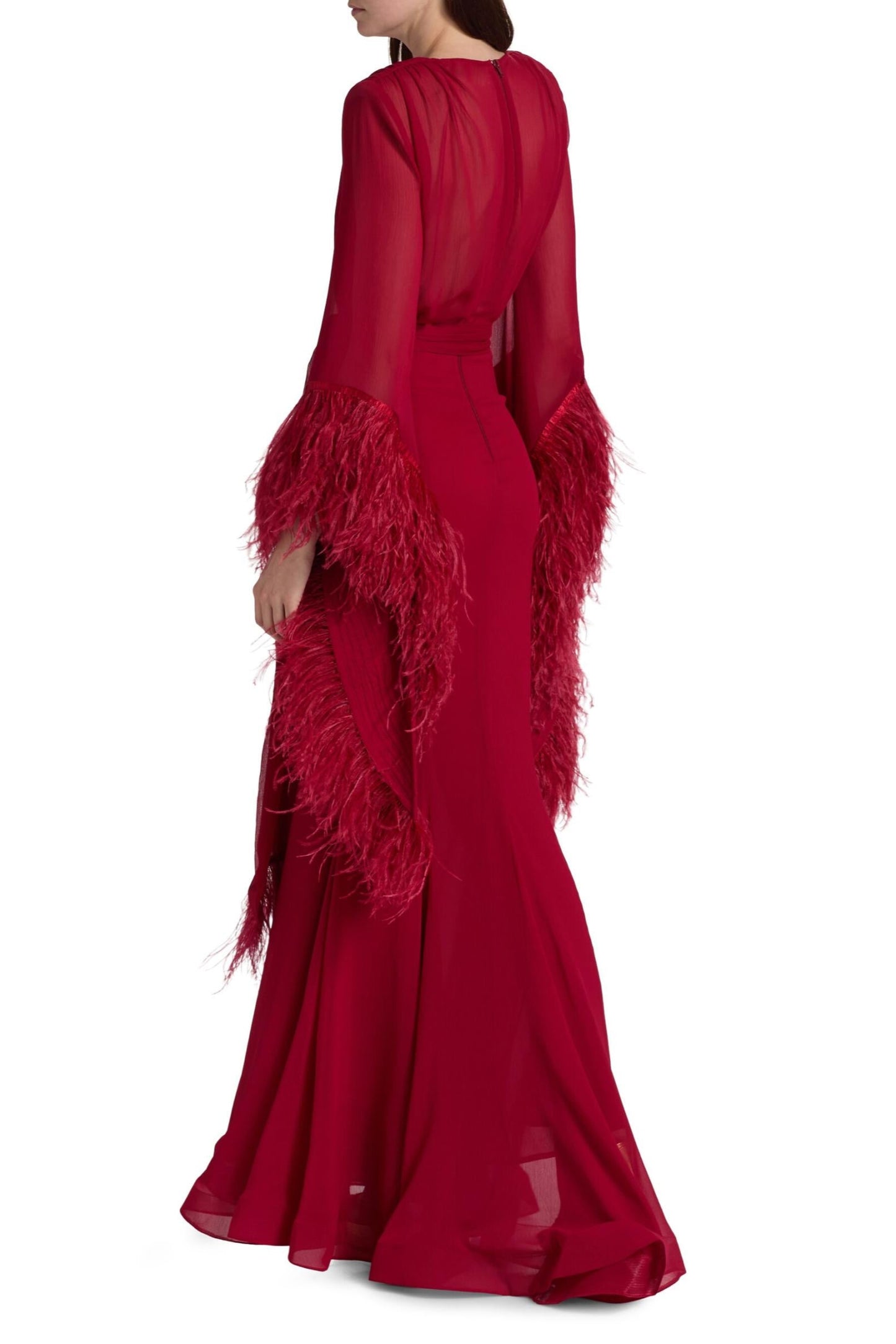 Red evening gown with feathered sleeves on a white background