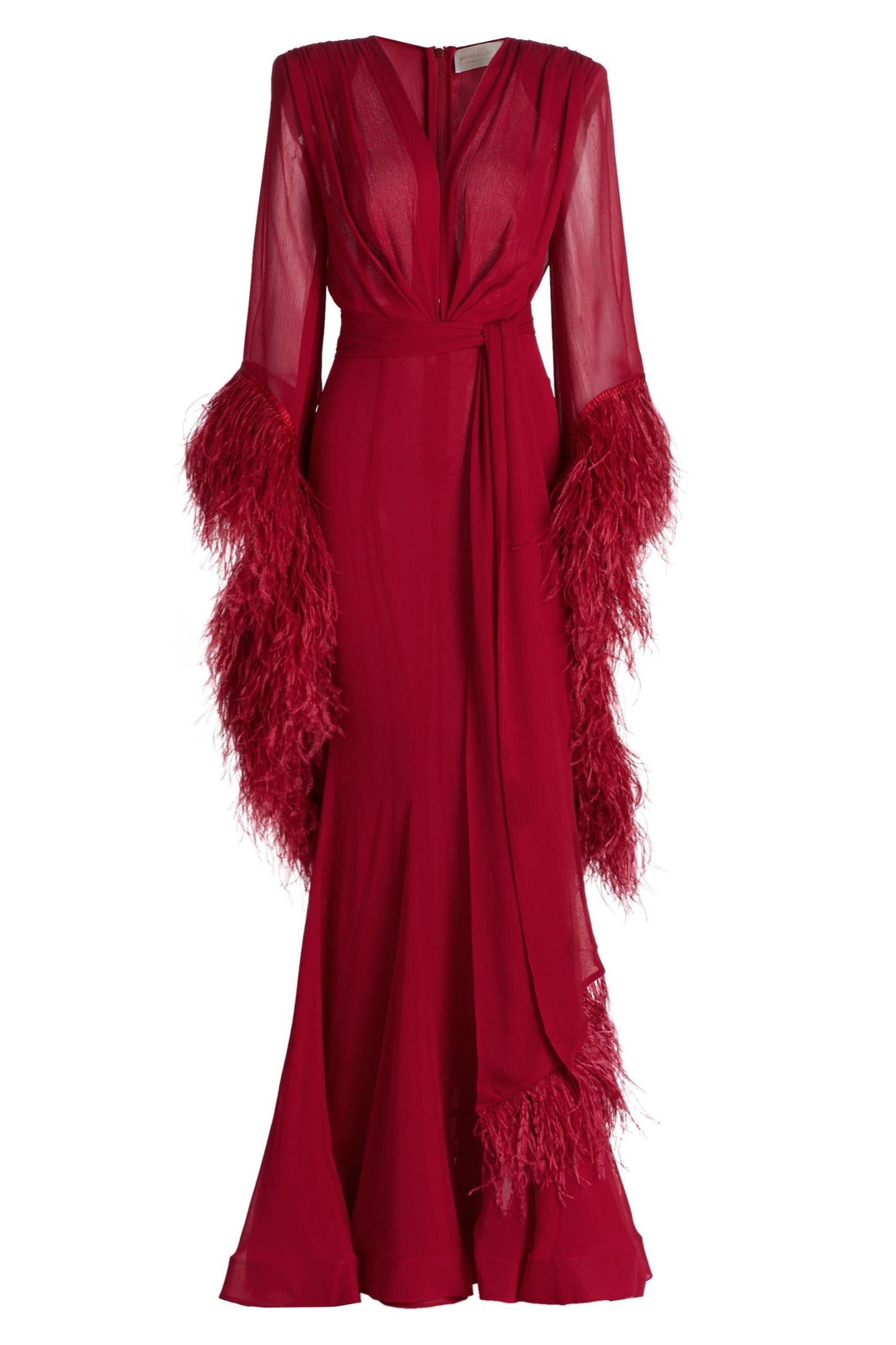 Red evening gown with feathered sleeves on a white background