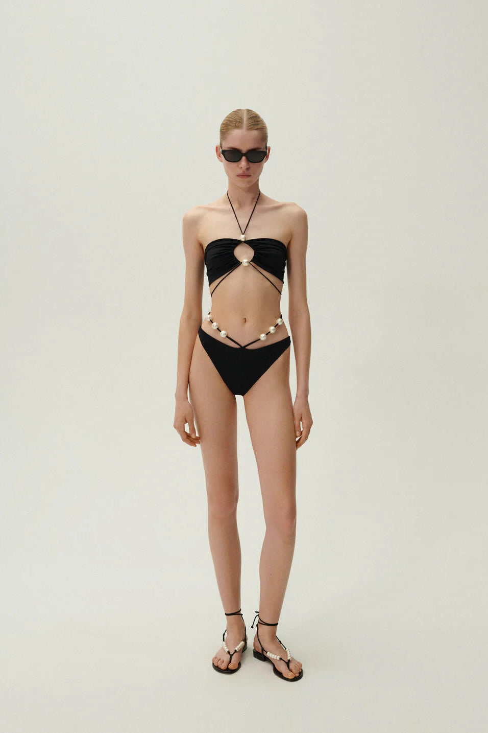 Halterneck pearl Bandeau Top & High Waist Pearl Swim Bottom in Black