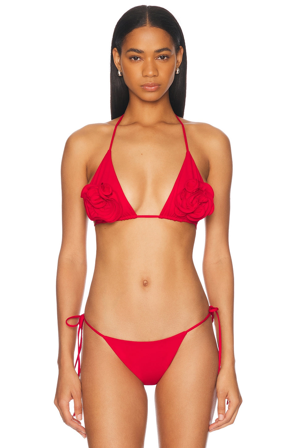 Floral Strappy Triangle bikini Top & String Tie Swim Bottom Red