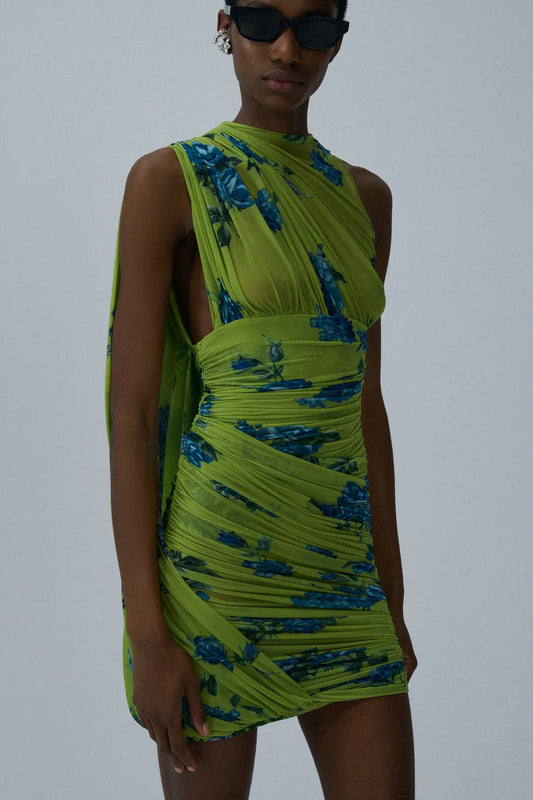 Sheer draped mini dress in green print