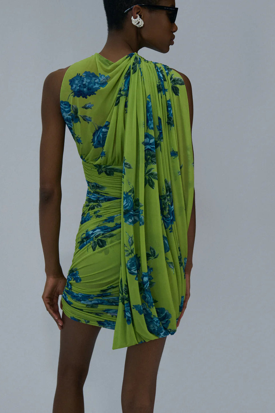 Sheer draped mini dress in green print