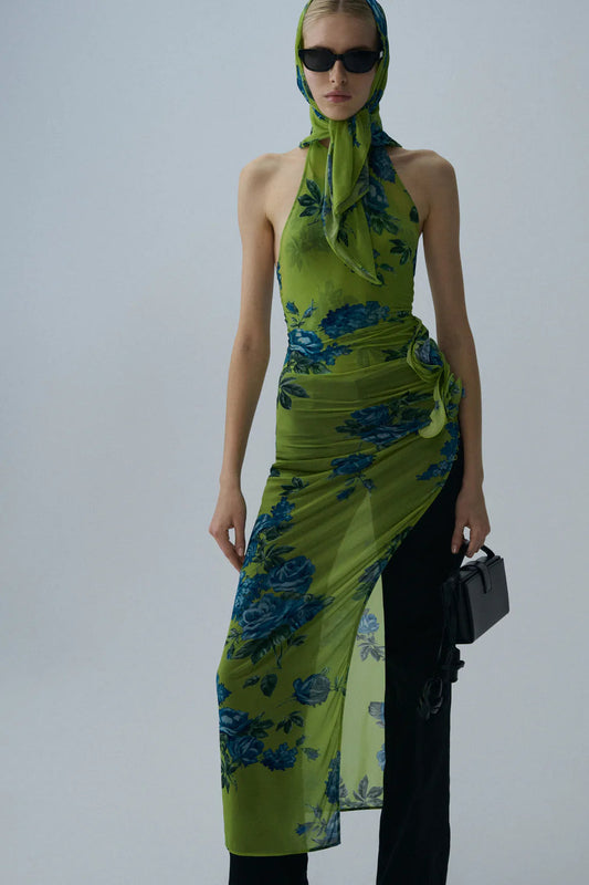 High-neck floral applique midi dress in green print