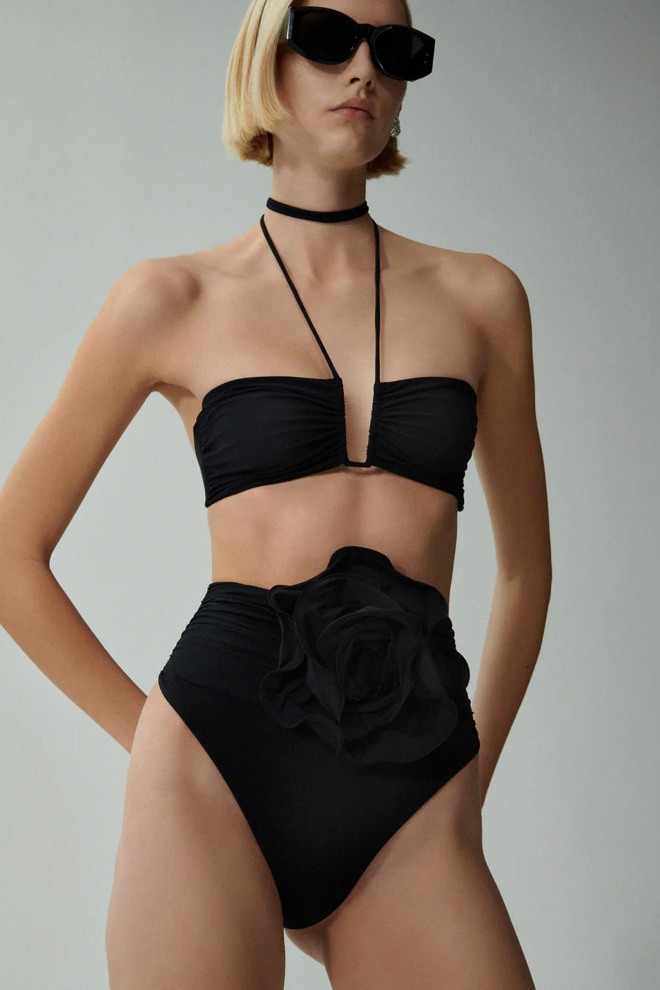 Bandeau Bikini Top & High-Waisted floral Appliqué Swim Bottom Black