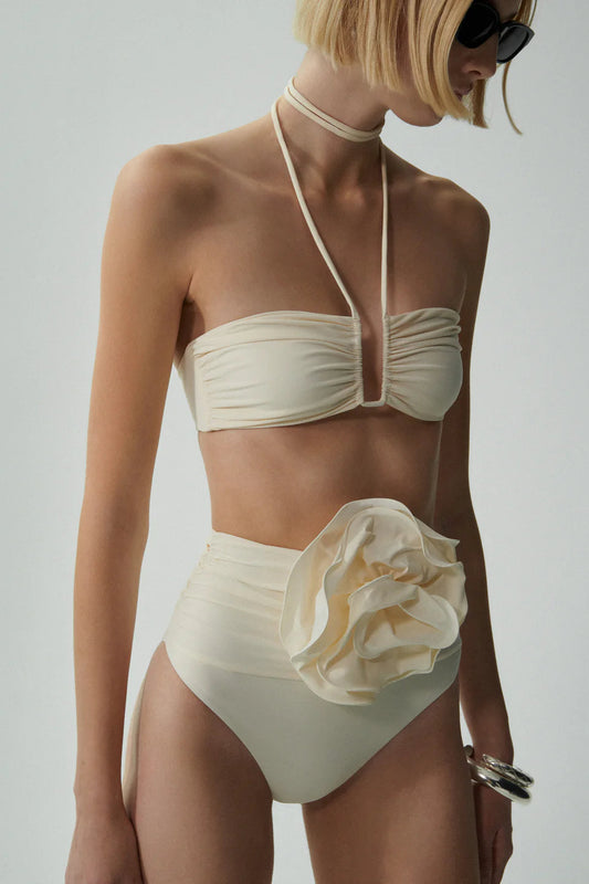 Bandeau Bikini Top & High-Waisted floral Appliqué Swim Bottom Cream