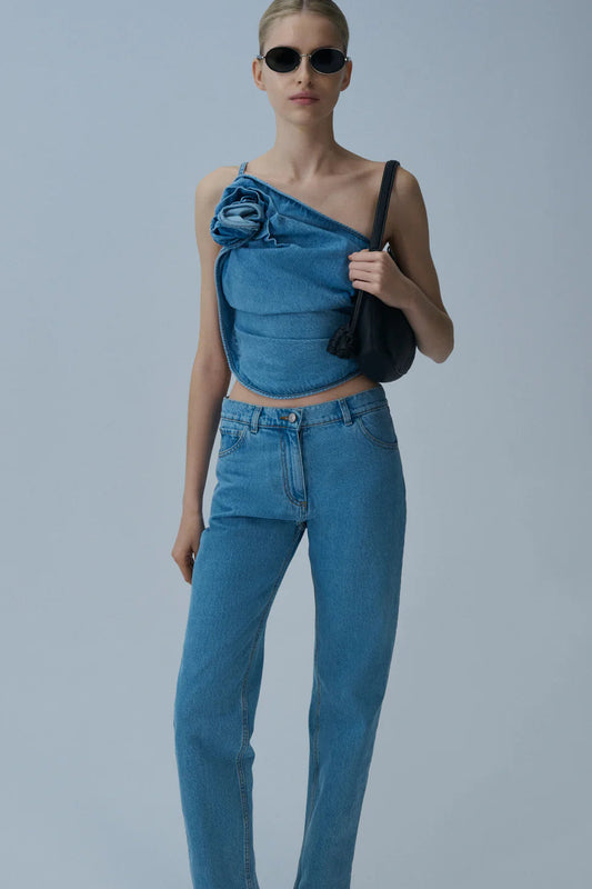 One-shoulder draped denim top in sky blue