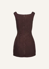 Round-neck mini denim dress in brown