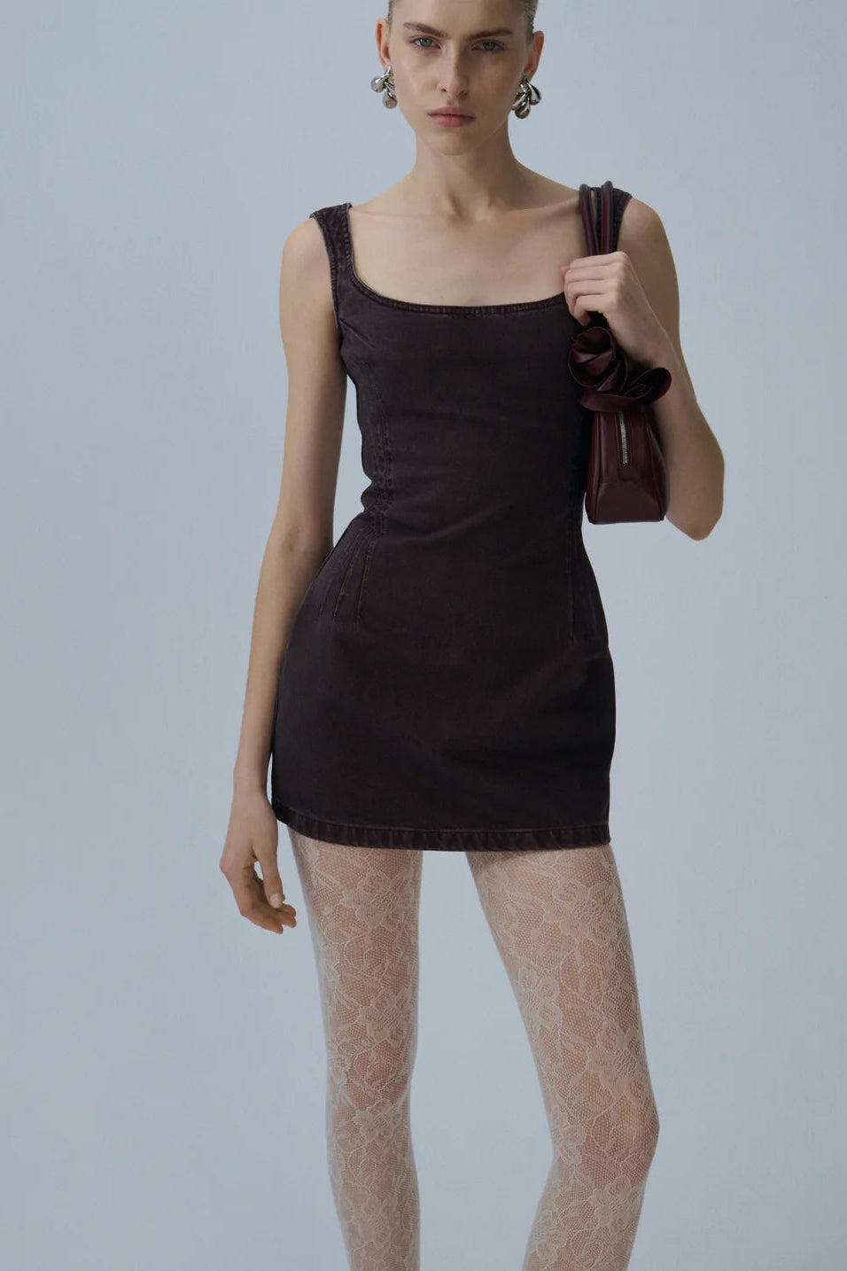 Round-neck mini denim dress in brown