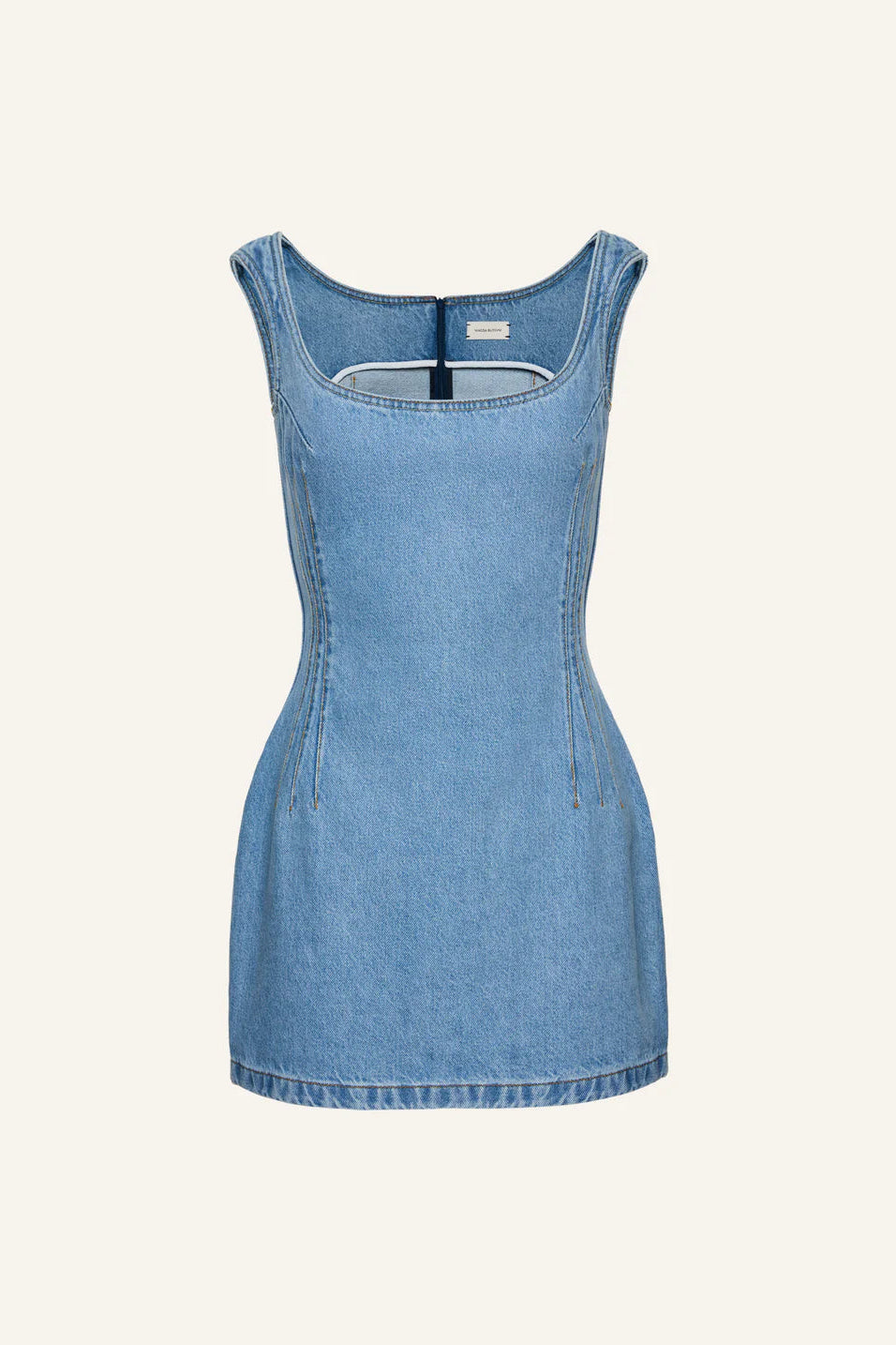 Round-neck mini denim dress in sky blue