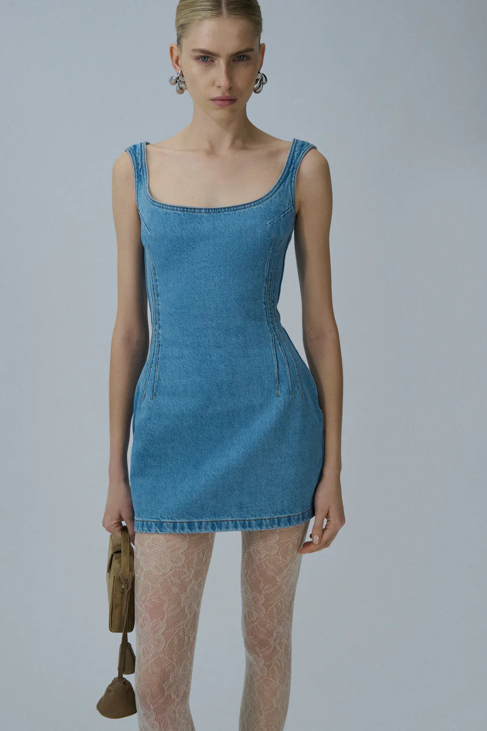 Round-neck mini denim dress in sky blue