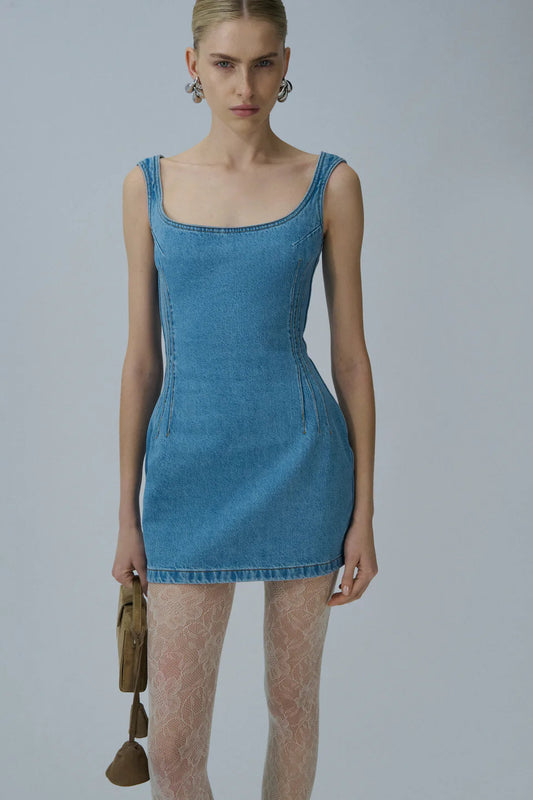 Round-neck mini denim dress in sky blue