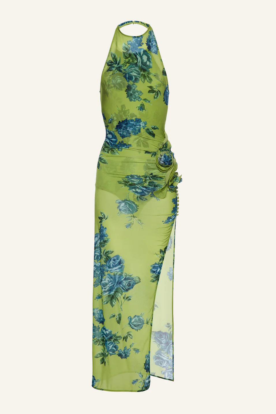 High-neck floral applique midi dress in green print
