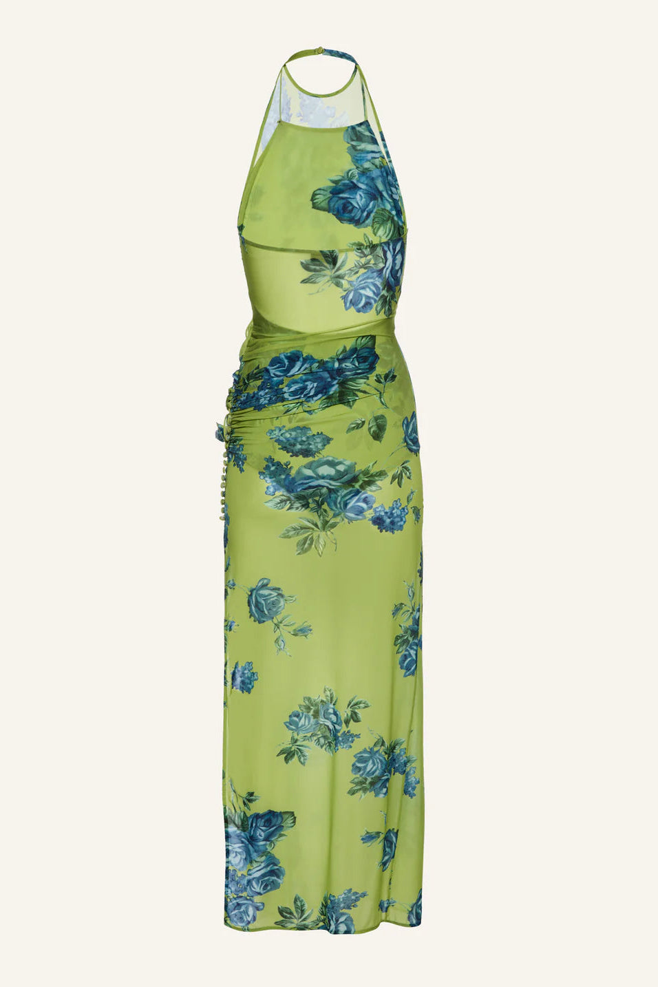 High-neck floral applique midi dress in green print