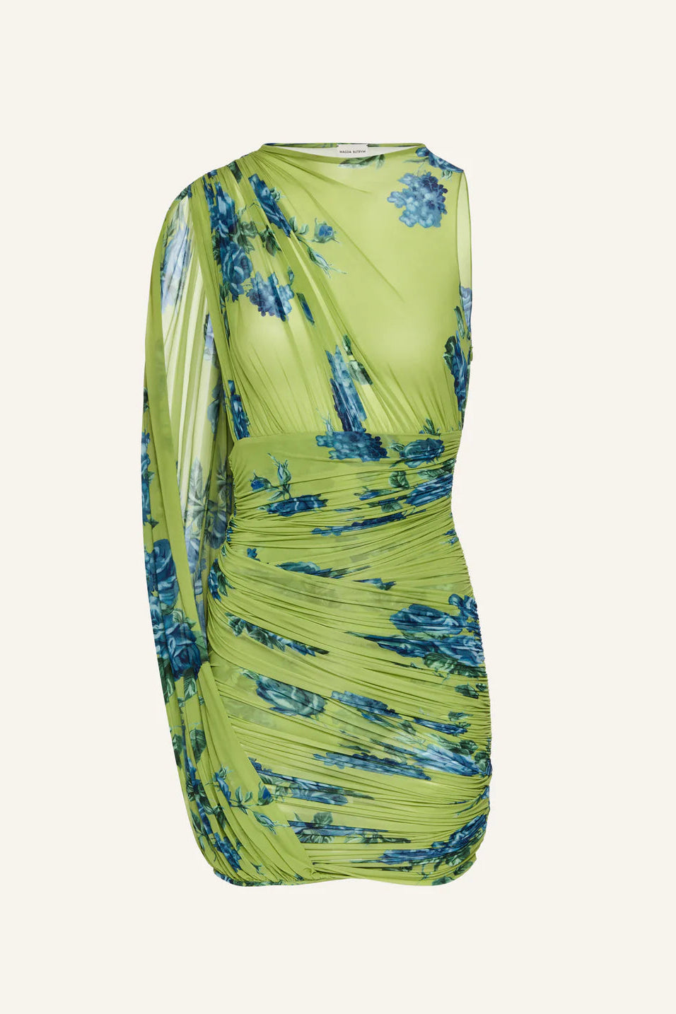 Sheer draped mini dress in green print