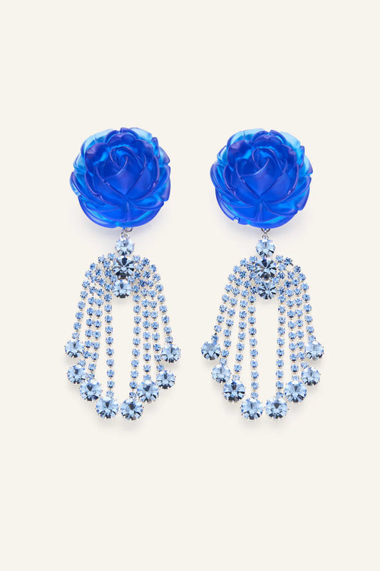 Blue rose and crystal chandelier earrings