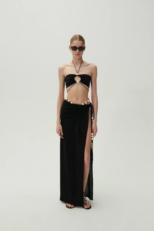 Asymmetrical pearl maxi skirt in Black