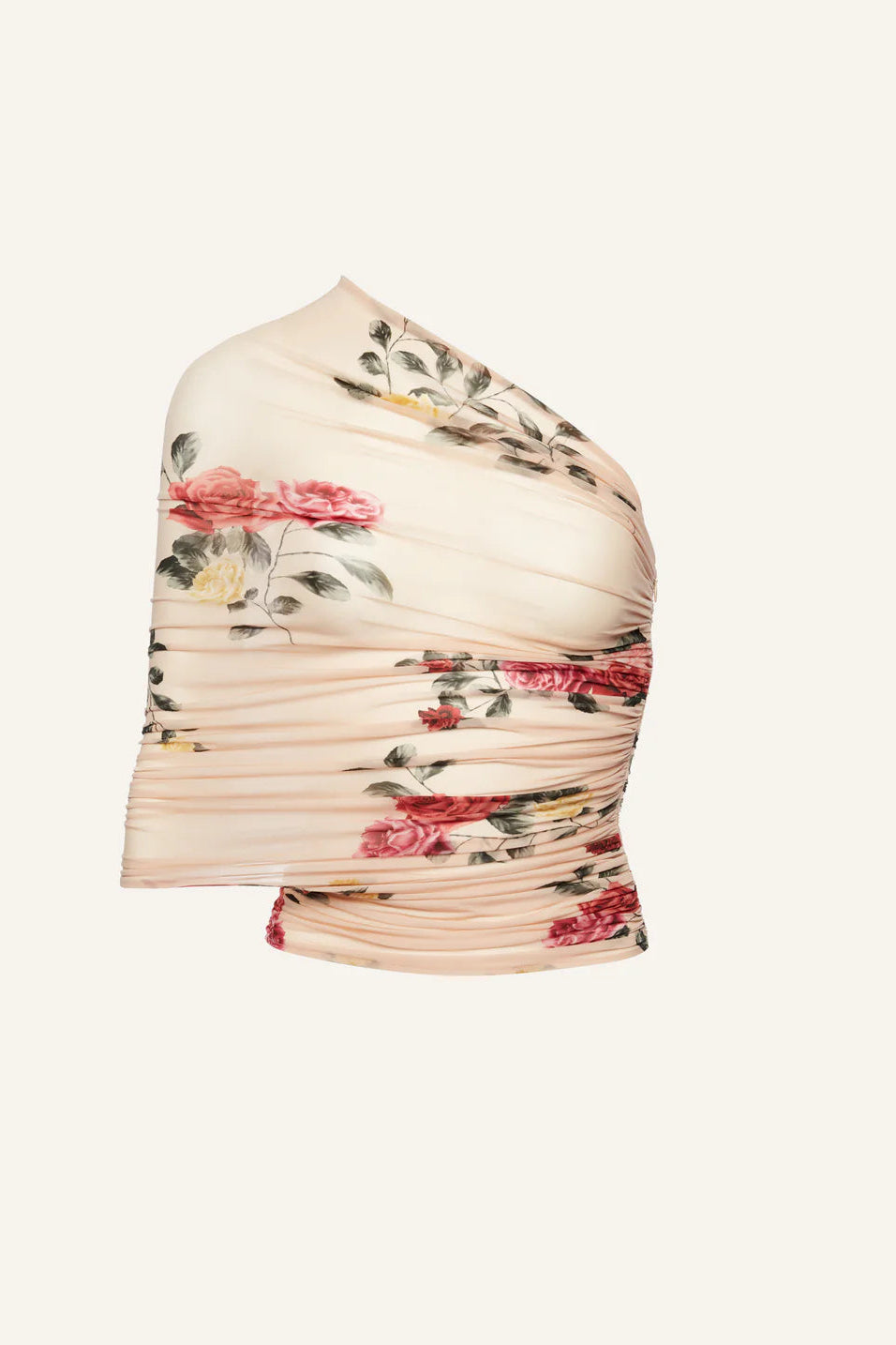 One Shoulder Floral Wrap Top Beige