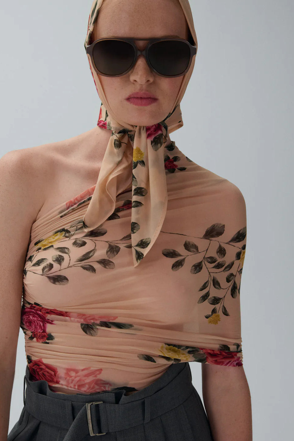 One Shoulder Floral Wrap Top Beige