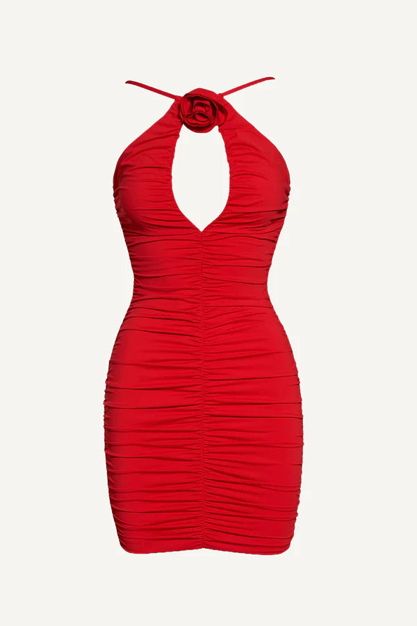 Ruched Halter-Neck Flower Dress Red