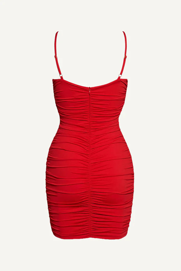 Ruched Halter-Neck Flower Dress Red