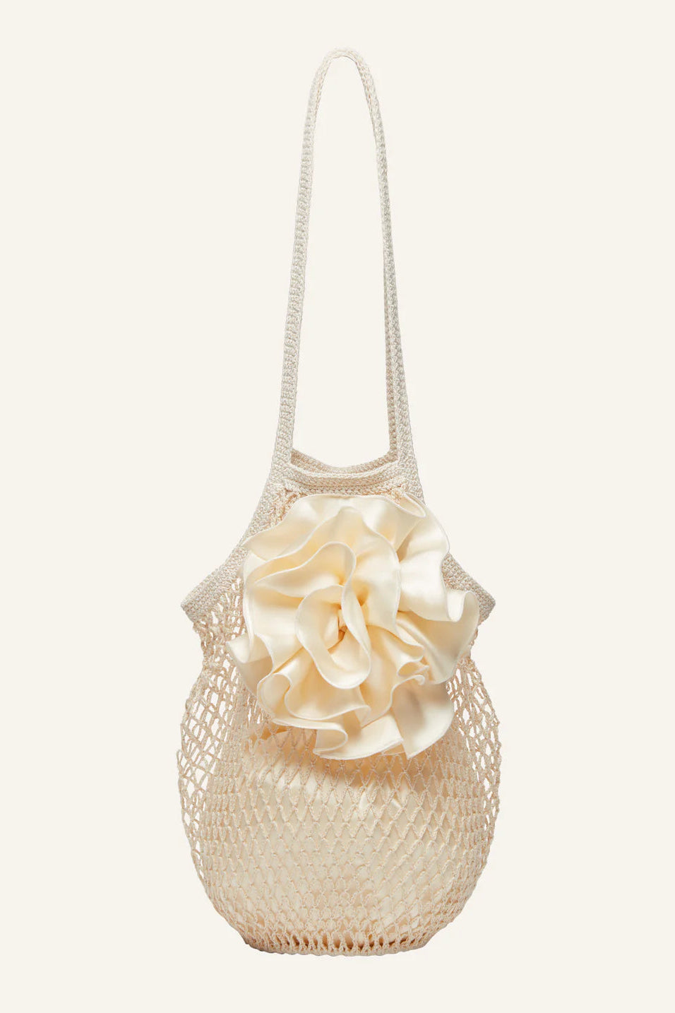 Medium Devana Tote Bag in Satin & Crochet Cream