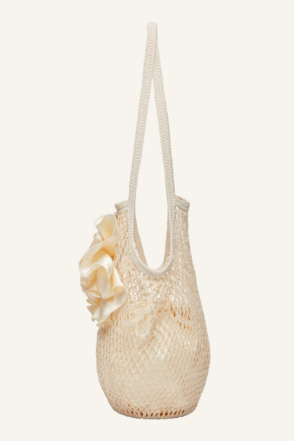 Medium Devana Tote Bag in Satin & Crochet Cream