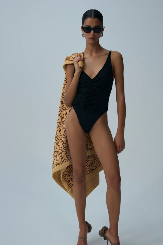 Ruched Flower One-piece Swimsuit Black