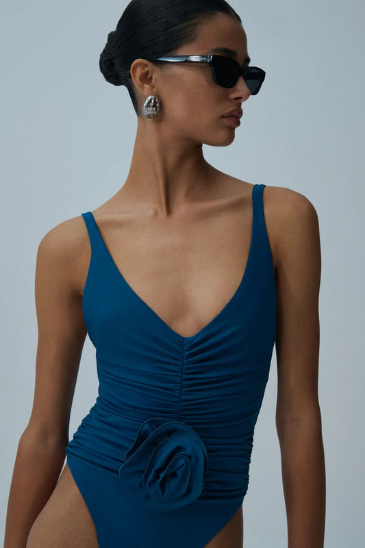 Ruched Flower One-piece Swimsuit Ocean Blue