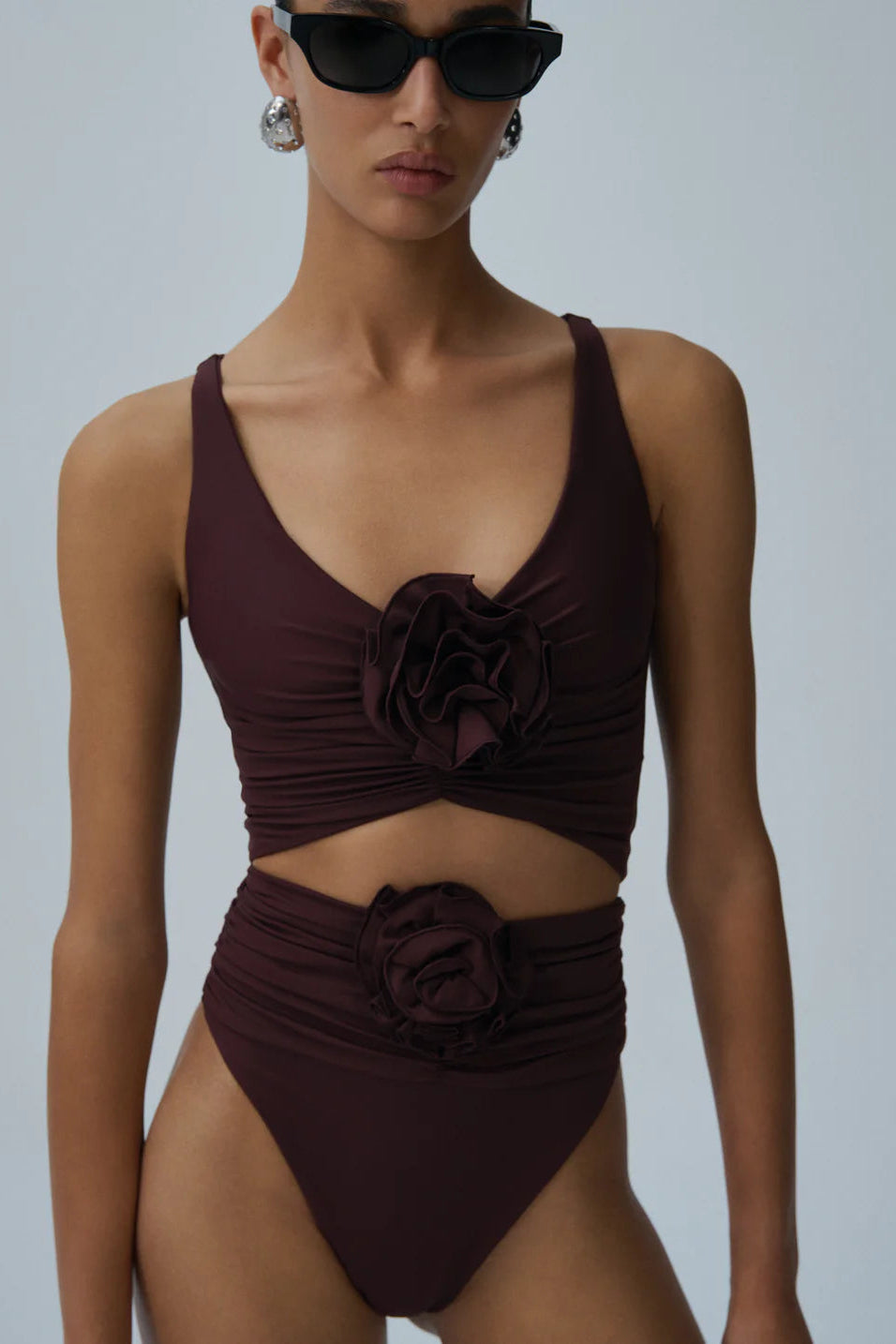 Swim Bra top & High-Waisted Flower Appliqué Swim Bottom Brown
