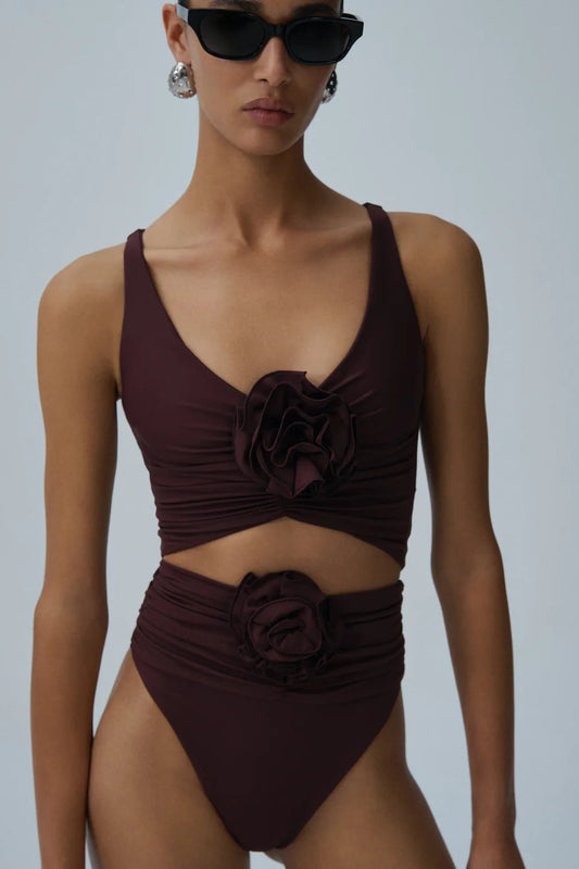 Swim Bra top & High-Waisted Flower Appliqué Swim Bottom Brown