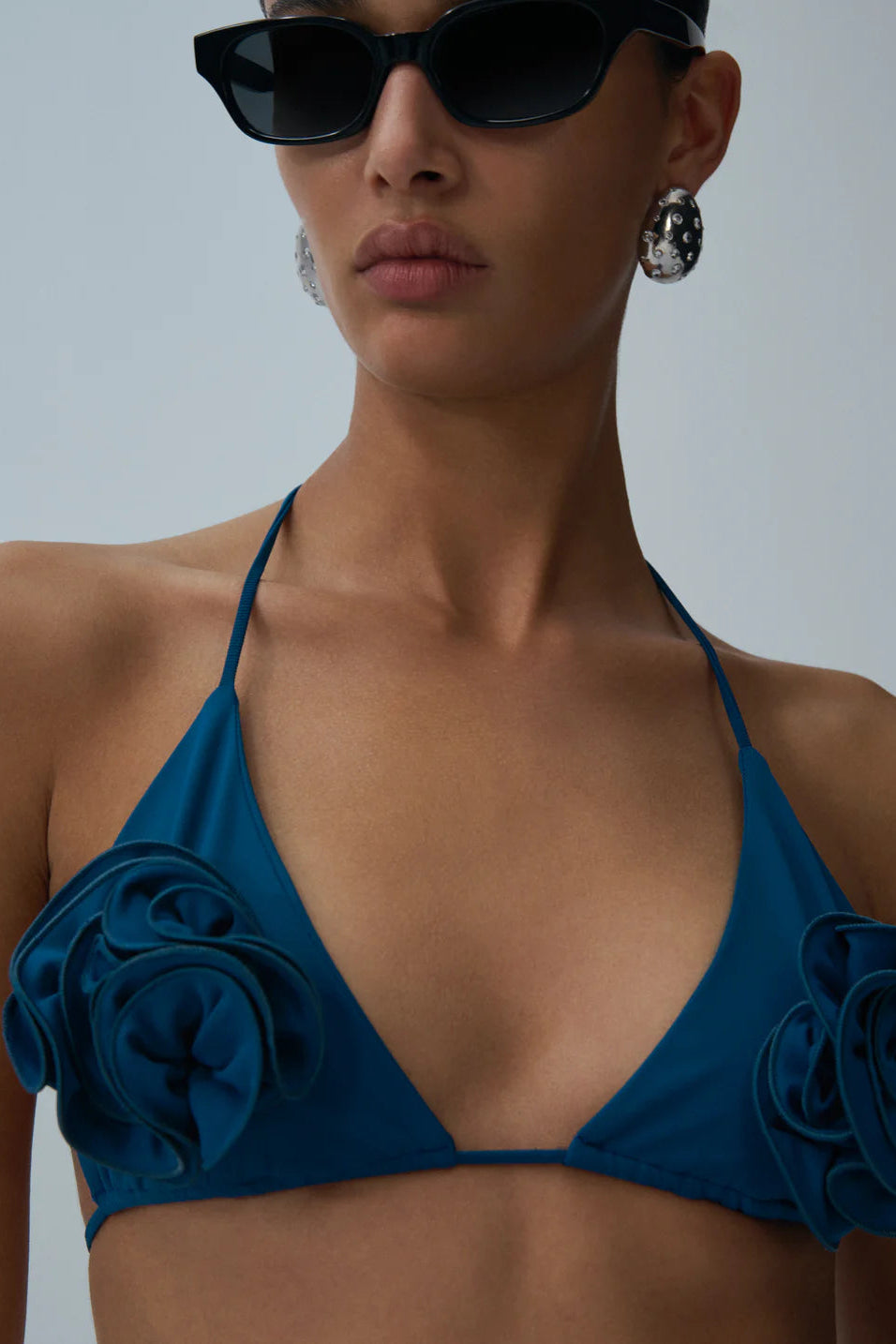 Floral Strappy Triangle Bikini top & High-Waisted floral Appliqué Swim Bottom Blue